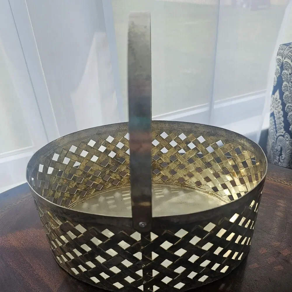 Vintage Silver-Plated Lattice Basket – Open Weave Metal Storage